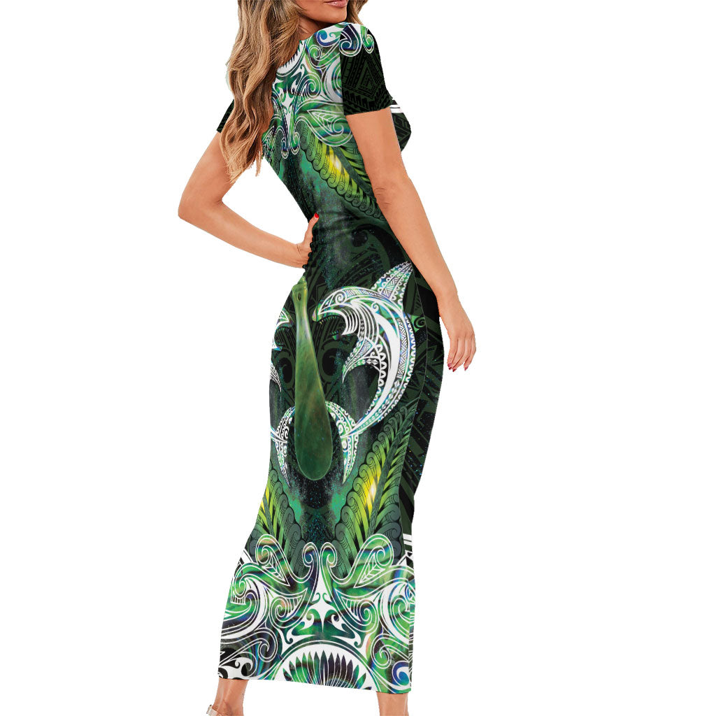 New Zealand Mere Pounamu Weapon Family Matching Short Sleeve Bodycon Dress and Hawaiian Shirt Aotearoa Mango Paua Shell Maori Pattern