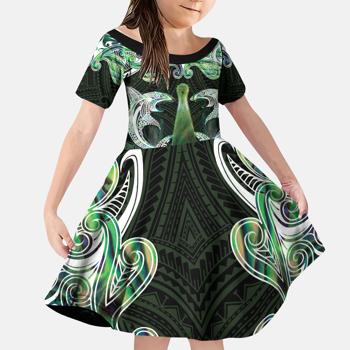 New Zealand Mere Pounamu Weapon Kid Short Sleeve Dress Aotearoa Mango Paua Shell Maori Pattern