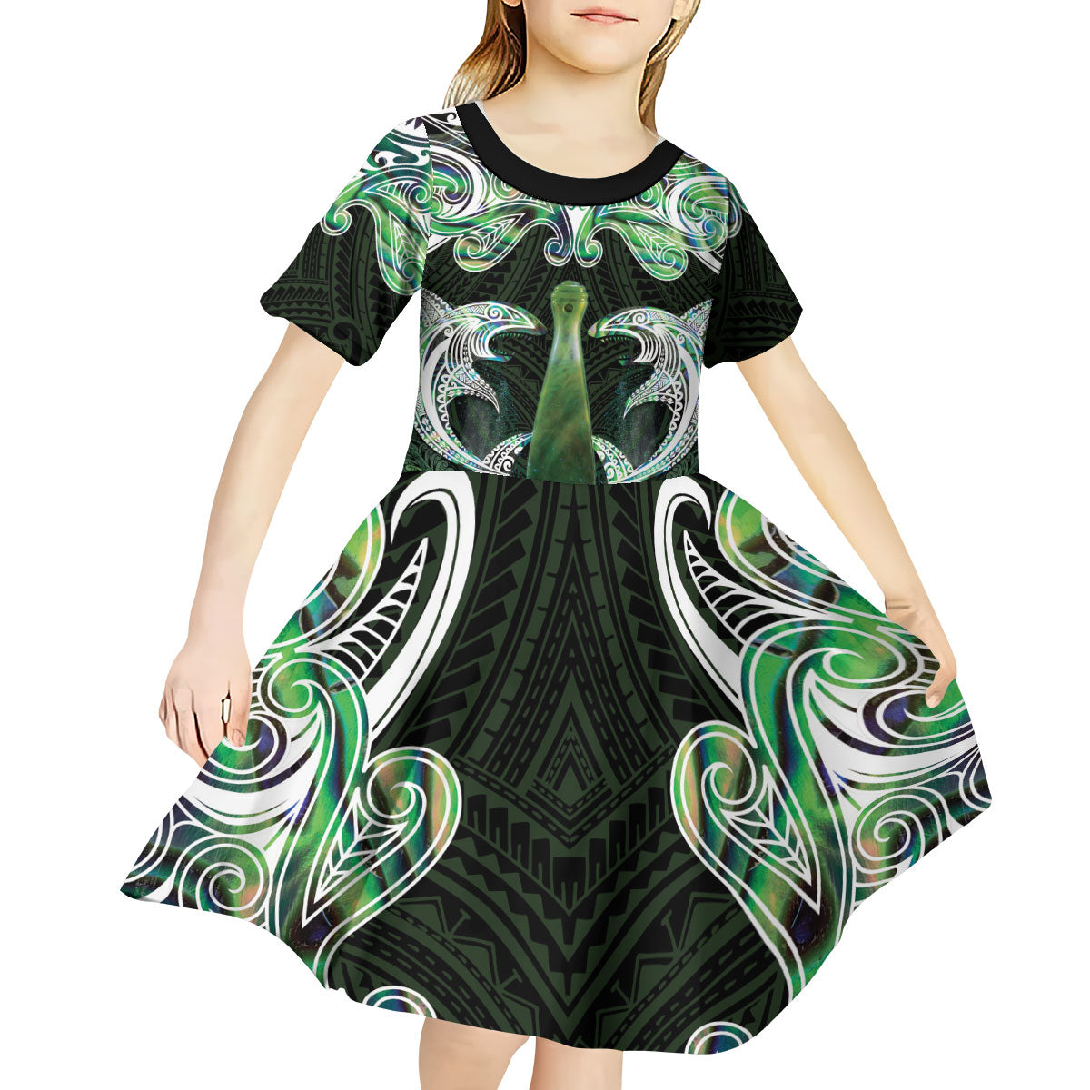 New Zealand Mere Pounamu Weapon Kid Short Sleeve Dress Aotearoa Mango Paua Shell Maori Pattern
