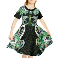 New Zealand Mere Pounamu Weapon Kid Short Sleeve Dress Aotearoa Mango Paua Shell Maori Pattern