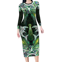 New Zealand Mere Pounamu Weapon Long Sleeve Bodycon Dress Aotearoa Mango Paua Shell Maori Pattern