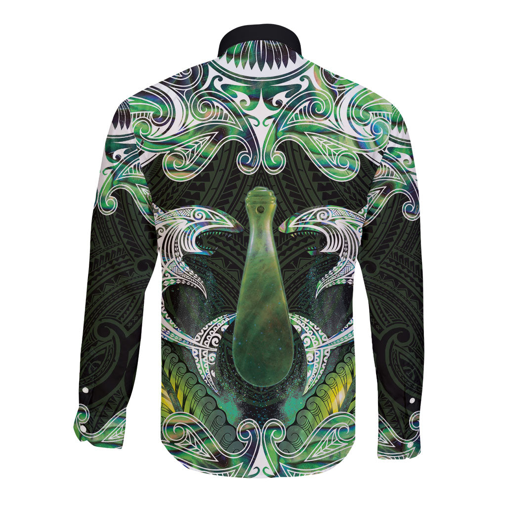 New Zealand Mere Pounamu Weapon Long Sleeve Button Shirt Aotearoa Mango Paua Shell Maori Pattern