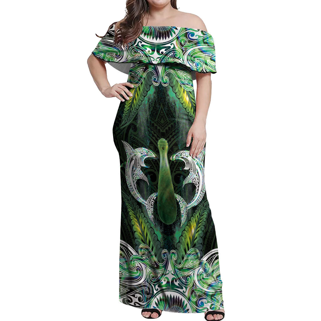New Zealand Mere Pounamu Weapon Off Shoulder Maxi Dress Aotearoa Mango Paua Shell Maori Pattern