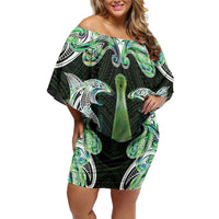 New Zealand Mere Pounamu Weapon Off Shoulder Short Dress Aotearoa Mango Paua Shell Maori Pattern