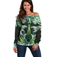 New Zealand Mere Pounamu Weapon Off Shoulder Sweater Aotearoa Mango Paua Shell Maori Pattern