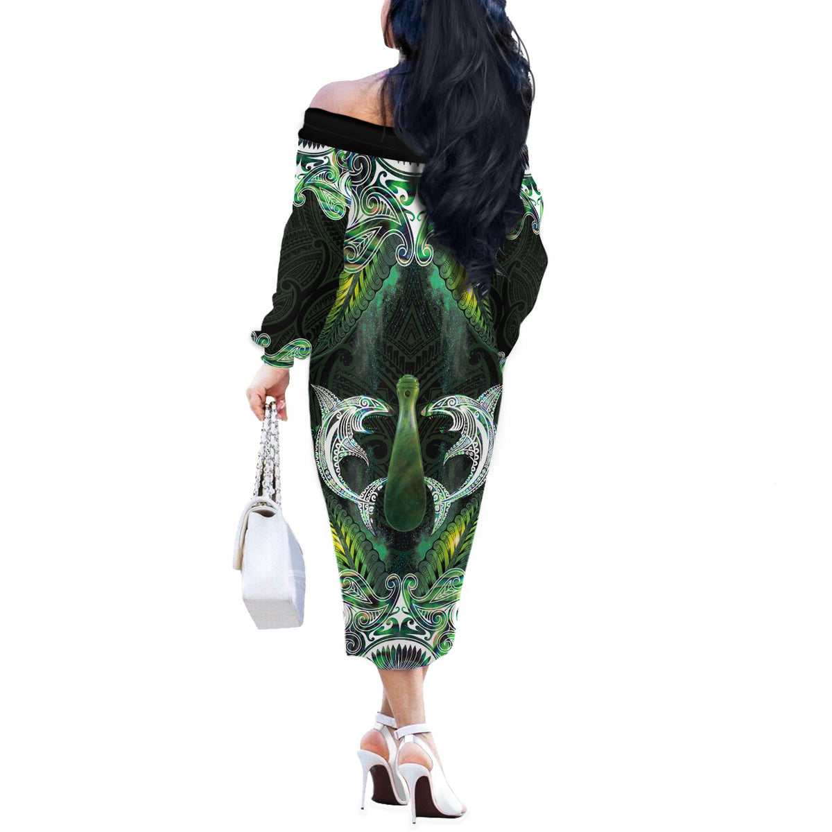 New Zealand Mere Pounamu Weapon Off The Shoulder Long Sleeve Dress Aotearoa Mango Paua Shell Maori Pattern