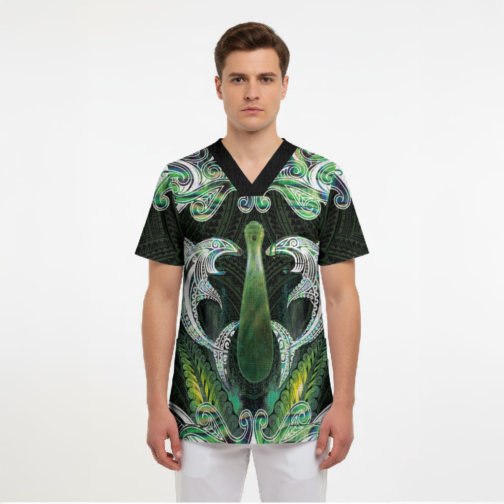 New Zealand Mere Pounamu Weapon Scrub Top Aotearoa Mango Paua Shell Maori Pattern