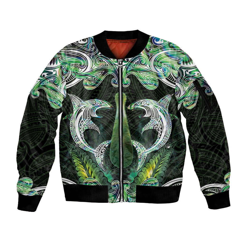 New Zealand Mere Pounamu Weapon Sleeve Zip Bomber Jacket Aotearoa Mango Paua Shell Maori Pattern
