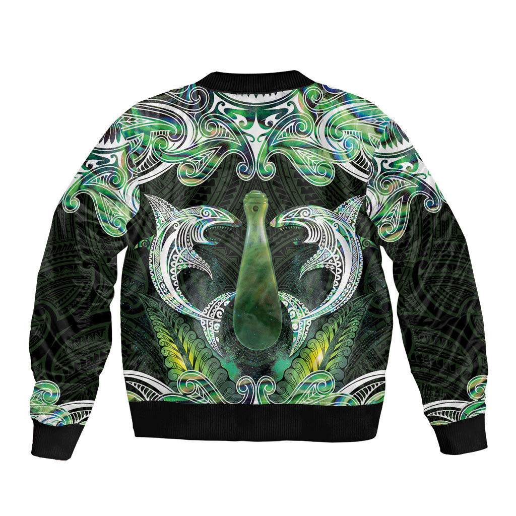 New Zealand Mere Pounamu Weapon Sleeve Zip Bomber Jacket Aotearoa Mango Paua Shell Maori Pattern