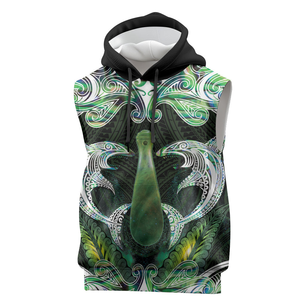 New Zealand Mere Pounamu Weapon Sleeveless Hoodie Aotearoa Mango Paua Shell Maori Pattern