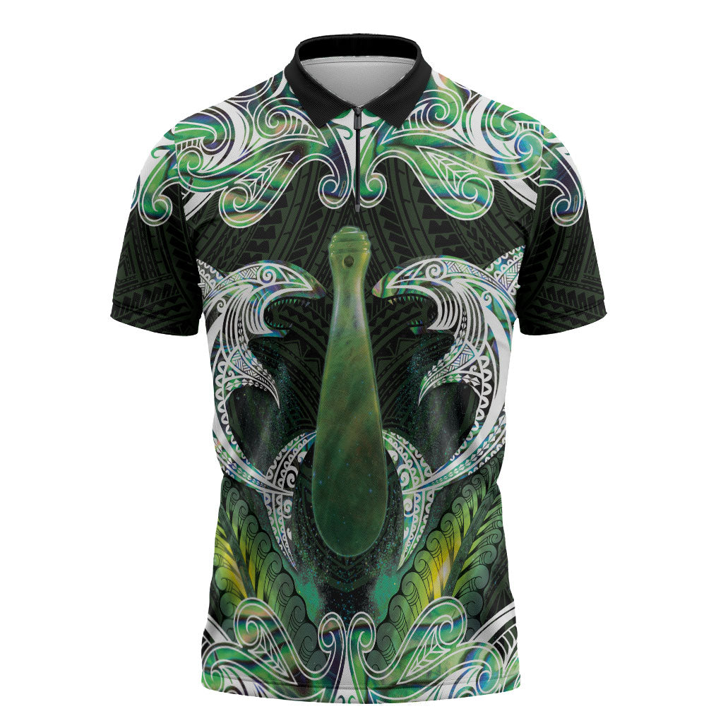 New Zealand Mere Pounamu Weapon Zipper Polo Shirt Aotearoa Mango Paua Shell Maori Pattern