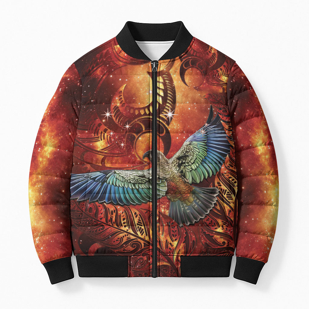 New Zealand Kea Bird Matariki Personalised Bomber Puffer Jacket Silver Fern Maori Pattern LT22 Unisex Orange - Polynesian Pride