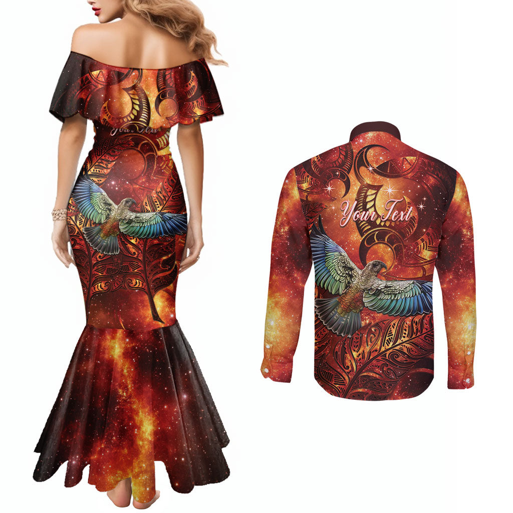 New Zealand Kea Bird Matariki Personalised Couples Matching Mermaid Dress and Long Sleeve Button Shirt Silver Fern Maori Pattern