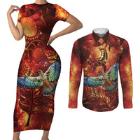 New Zealand Kea Bird Matariki Personalised Couples Matching Short Sleeve Bodycon Dress and Long Sleeve Button Shirt Silver Fern Maori Pattern