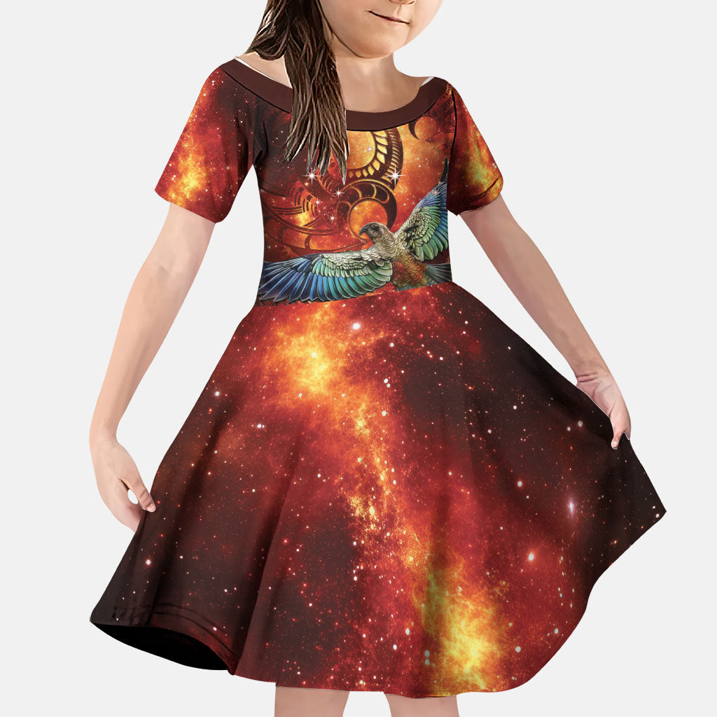 New Zealand Kea Bird Matariki Personalised Family Matching Mermaid Dress and Hawaiian Shirt Silver Fern Maori Pattern LT22 Daughter's Dress Orange - Polynesian Pride