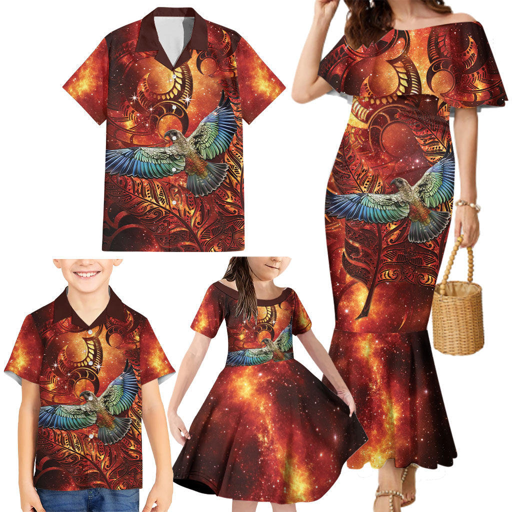 New Zealand Kea Bird Matariki Personalised Family Matching Mermaid Dress and Hawaiian Shirt Silver Fern Maori Pattern LT22 - Polynesian Pride