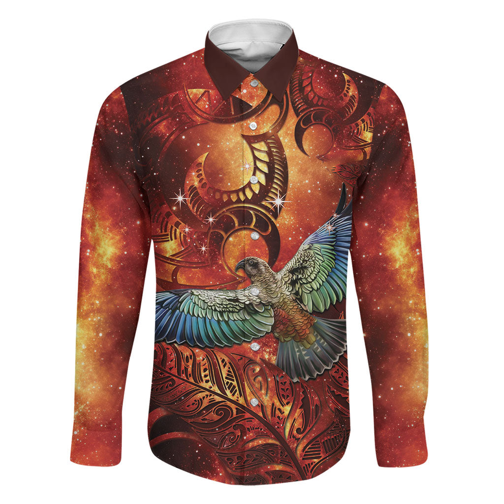 New Zealand Kea Bird Matariki Personalised Family Matching Mermaid Dress and Hawaiian Shirt Silver Fern Maori Pattern LT22 Dad's Shirt - Long Sleeve Orange - Polynesian Pride