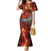 New Zealand Kea Bird Matariki Personalised Family Matching Mermaid Dress and Hawaiian Shirt Silver Fern Maori Pattern LT22 Mom's Dress Orange - Polynesian Pride
