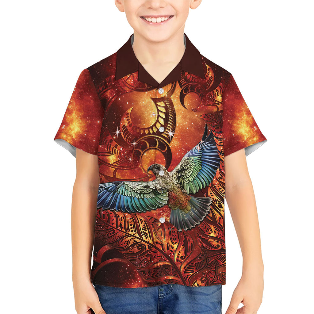 New Zealand Kea Bird Matariki Personalised Family Matching Mermaid Dress and Hawaiian Shirt Silver Fern Maori Pattern LT22 Son's Shirt Orange - Polynesian Pride