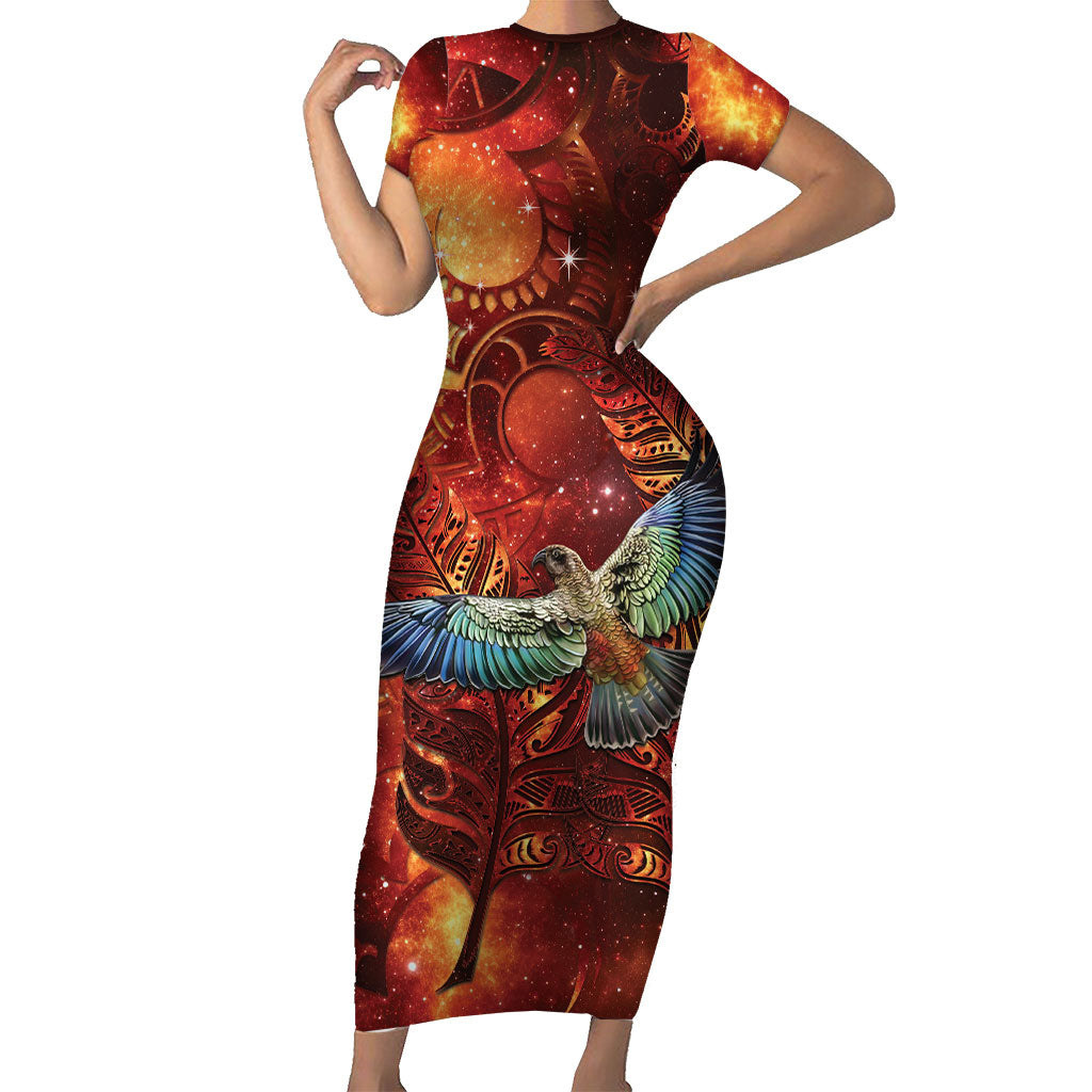 New Zealand Kea Bird Matariki Personalised Family Matching Short Sleeve Bodycon Dress and Hawaiian Shirt Silver Fern Maori Pattern
