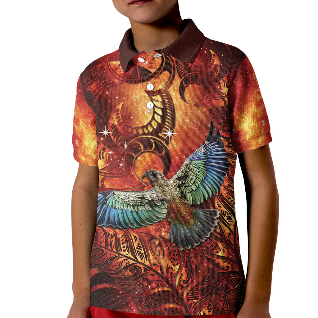 New Zealand Kea Bird Matariki Personalised Kid Polo Shirt Silver Fern Maori Pattern