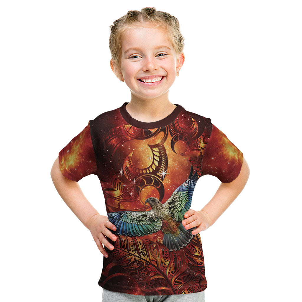 New Zealand Kea Bird Matariki Personalised Kid T Shirt Silver Fern Maori Pattern
