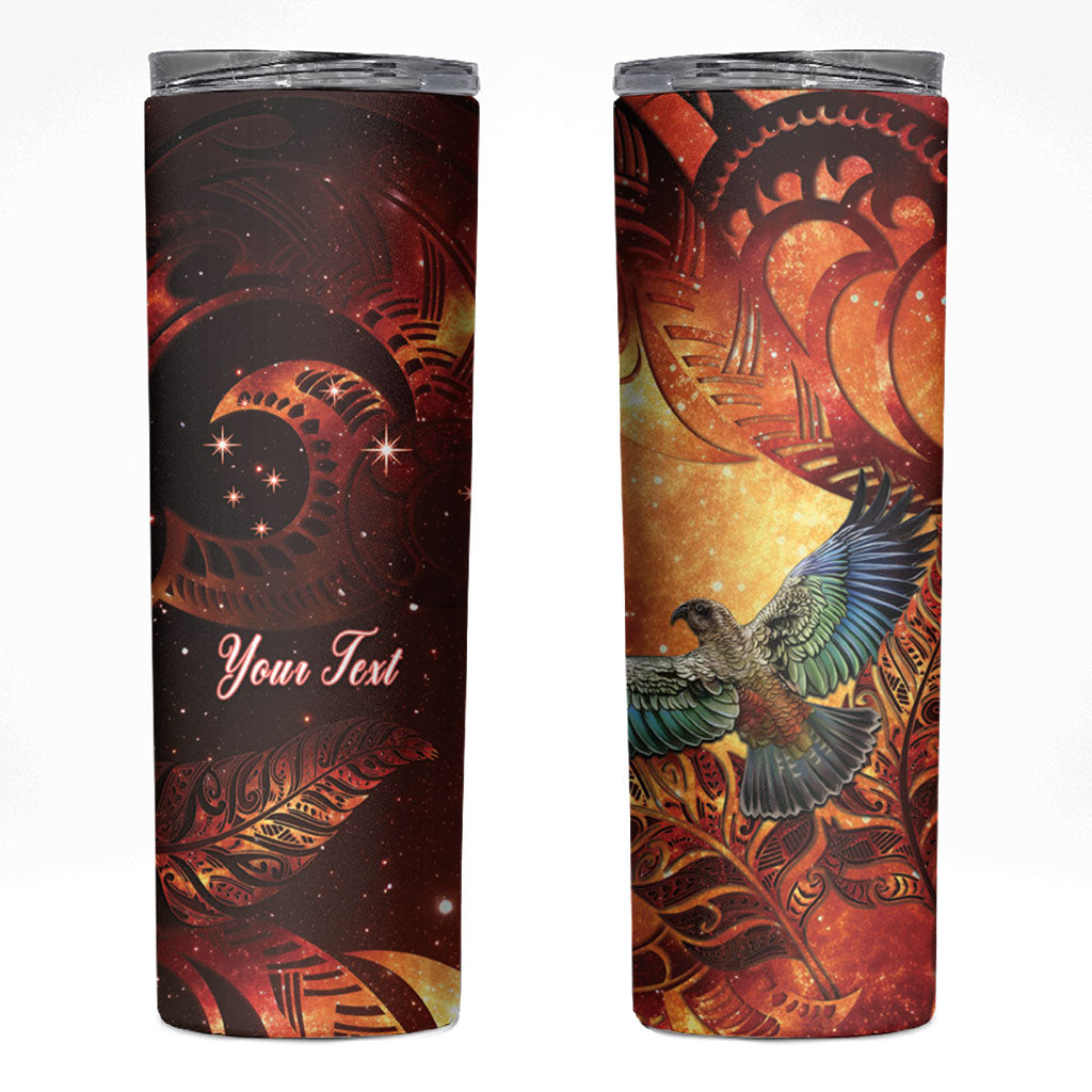 New Zealand Kea Bird Matariki Personalised Skinny Tumbler Silver Fern Maori Pattern LT22 Orange - Polynesian Pride