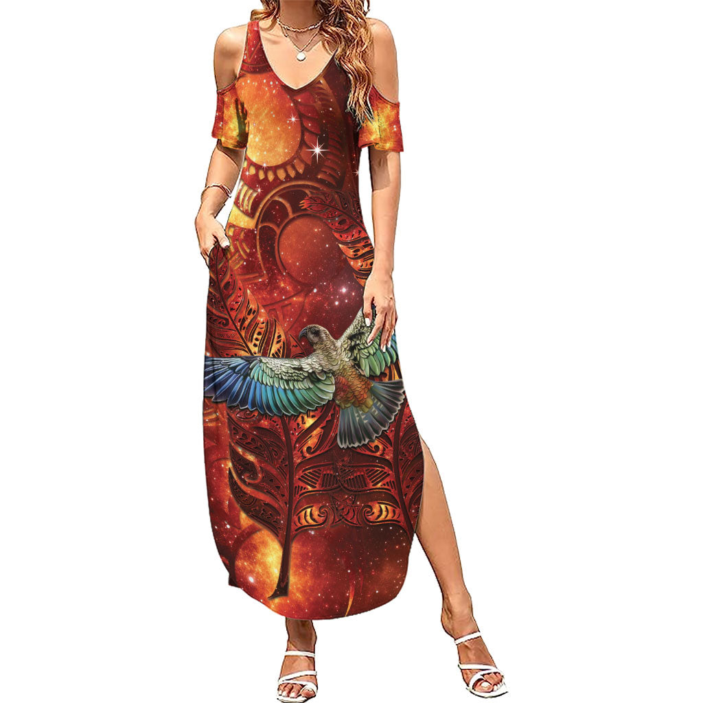 New Zealand Kea Bird Matariki Personalised Summer Maxi Dress Silver Fern Maori Pattern LT22 Women Orange - Polynesian Pride