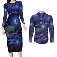 Takahe New Zealand Personalised Couples Matching Long Sleeve Bodycon Dress and Long Sleeve Button Shirt Harakeke Silver Fern Maori Pattern
