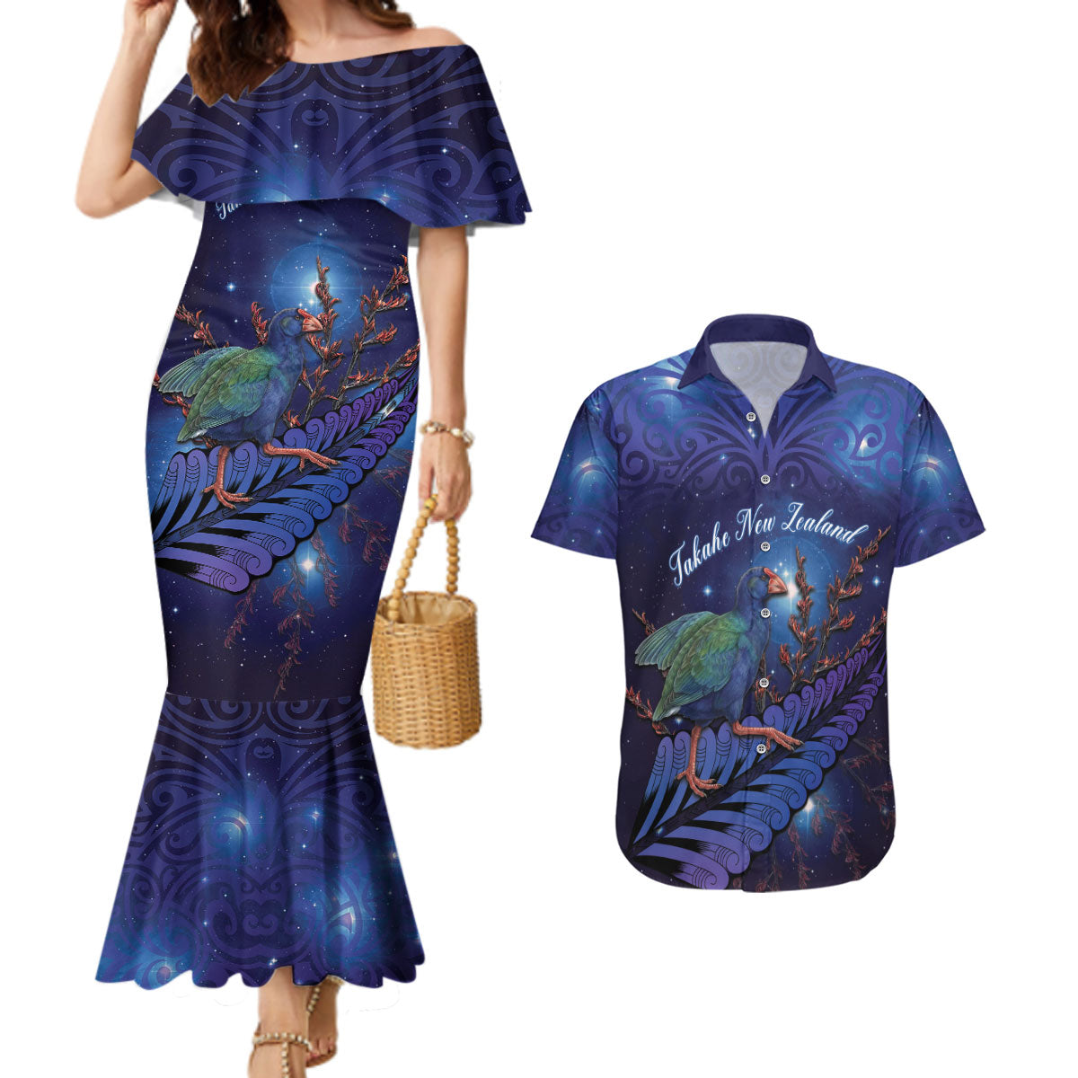 Takahe New Zealand Personalised Couples Matching Mermaid Dress and Hawaiian Shirt Harakeke Silver Fern Maori Pattern