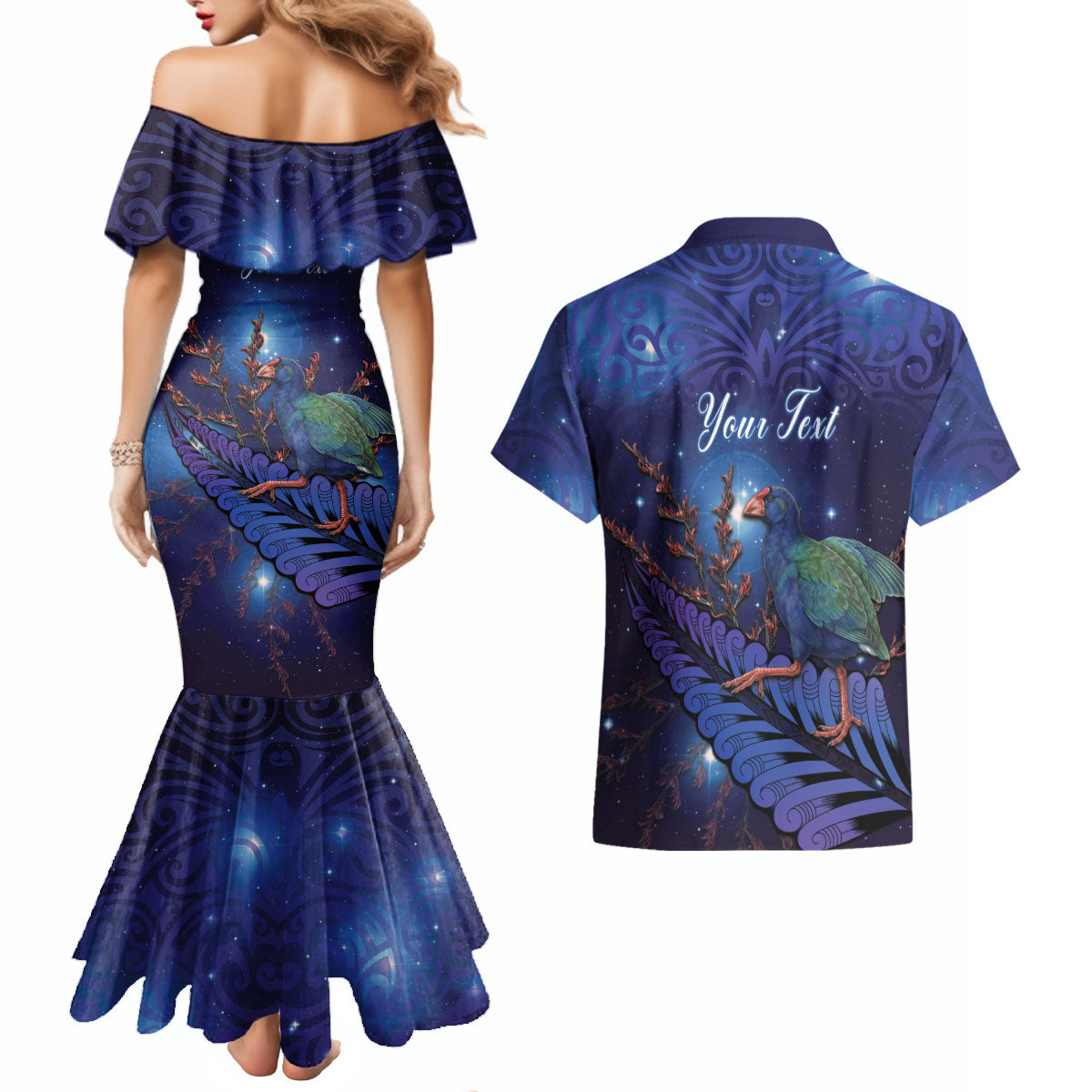 Takahe New Zealand Personalised Couples Matching Mermaid Dress and Hawaiian Shirt Harakeke Silver Fern Maori Pattern