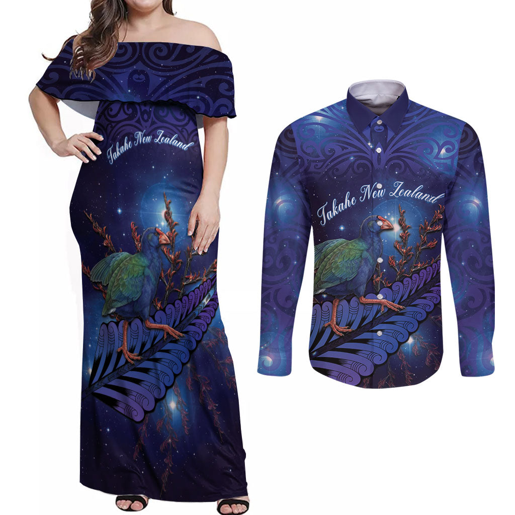 Takahe New Zealand Personalised Couples Matching Off Shoulder Maxi Dress and Long Sleeve Button Shirt Harakeke Silver Fern Maori Pattern