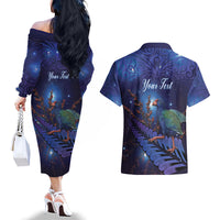 Takahe New Zealand Personalised Couples Matching Off The Shoulder Long Sleeve Dress and Hawaiian Shirt Harakeke Silver Fern Maori Pattern