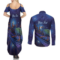 Takahe New Zealand Personalised Couples Matching Summer Maxi Dress and Long Sleeve Button Shirt Harakeke Silver Fern Maori Pattern LT22 - Polynesian Pride