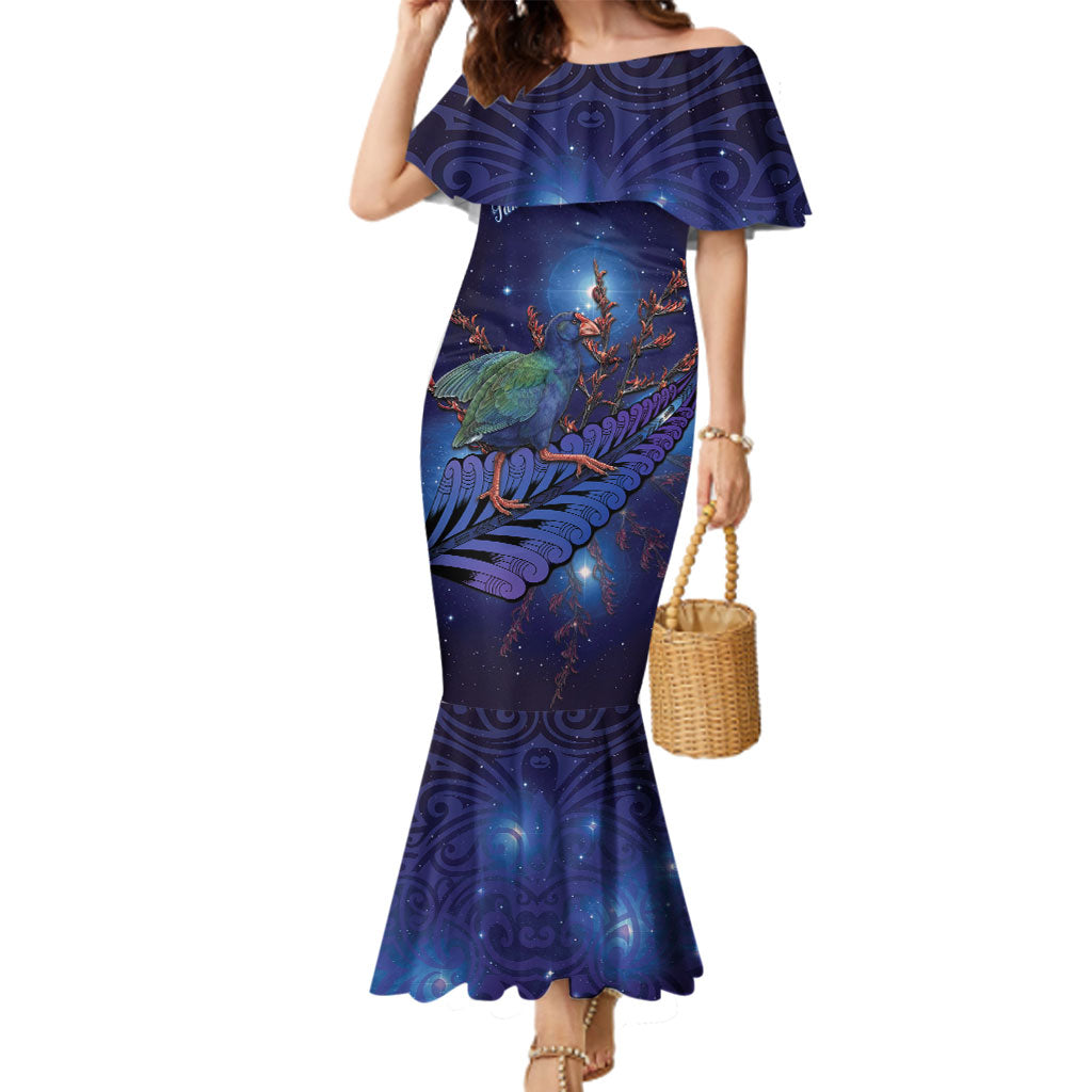 Takahe New Zealand Personalised Family Matching Mermaid Dress and Hawaiian Shirt Harakeke Silver Fern Maori Pattern