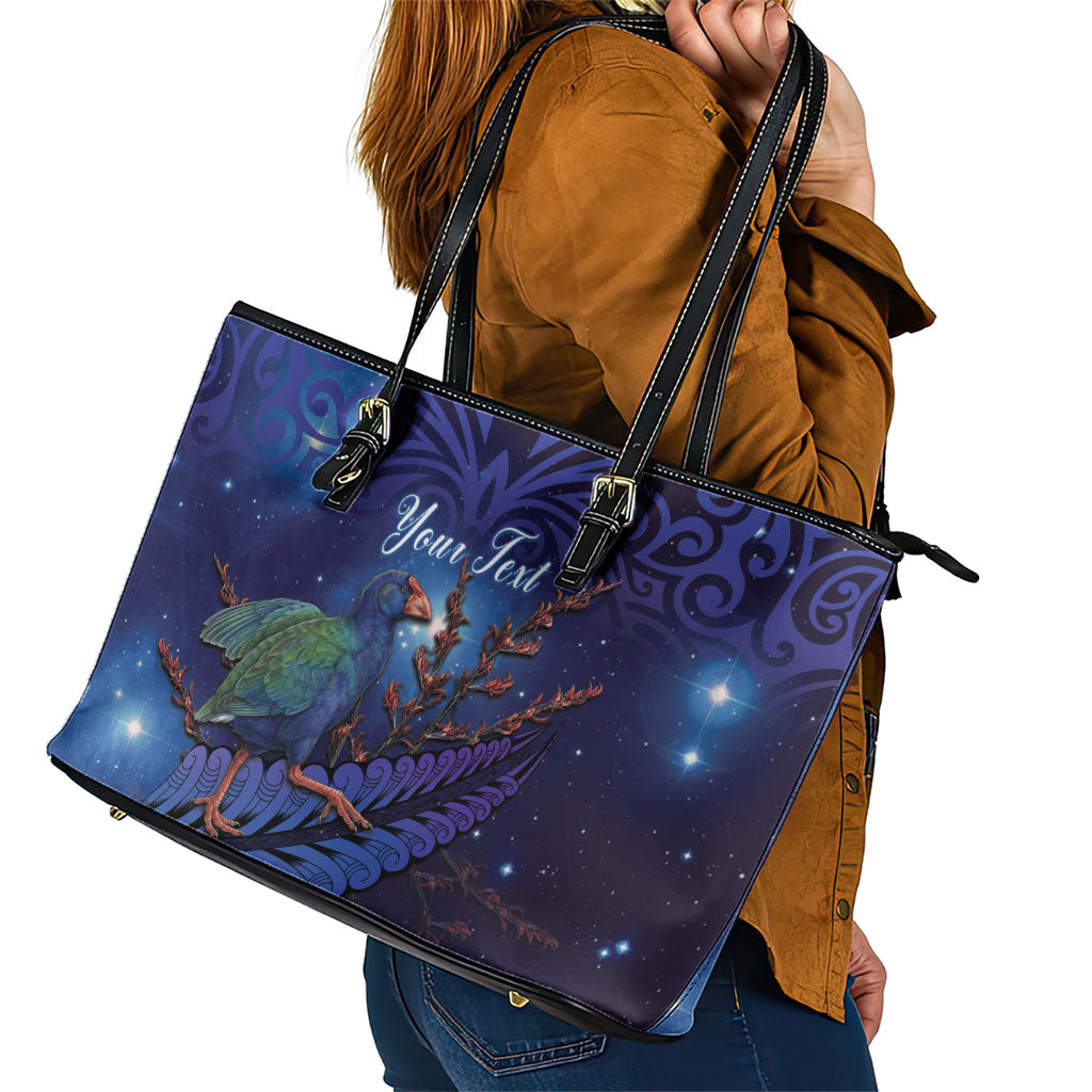 Takahe New Zealand Personalised Leather Tote Bag Harakeke Silver Fern Maori Pattern