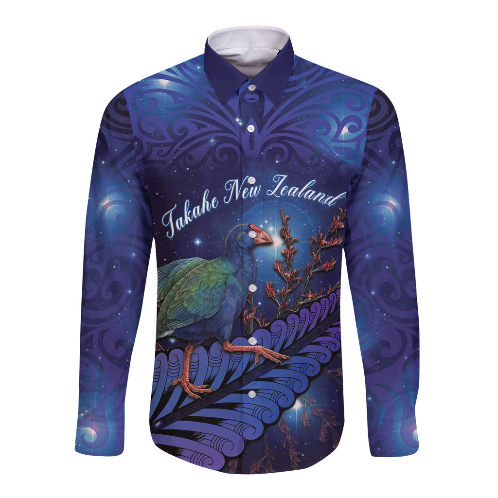 Takahe New Zealand Personalised Long Sleeve Button Shirt Harakeke Silver Fern Maori Pattern