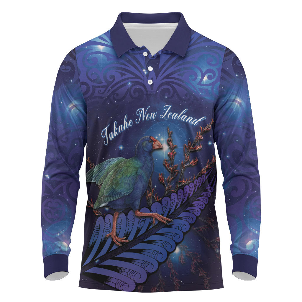 Takahe New Zealand Personalised Long Sleeve Polo Shirt Harakeke Silver Fern Maori Pattern