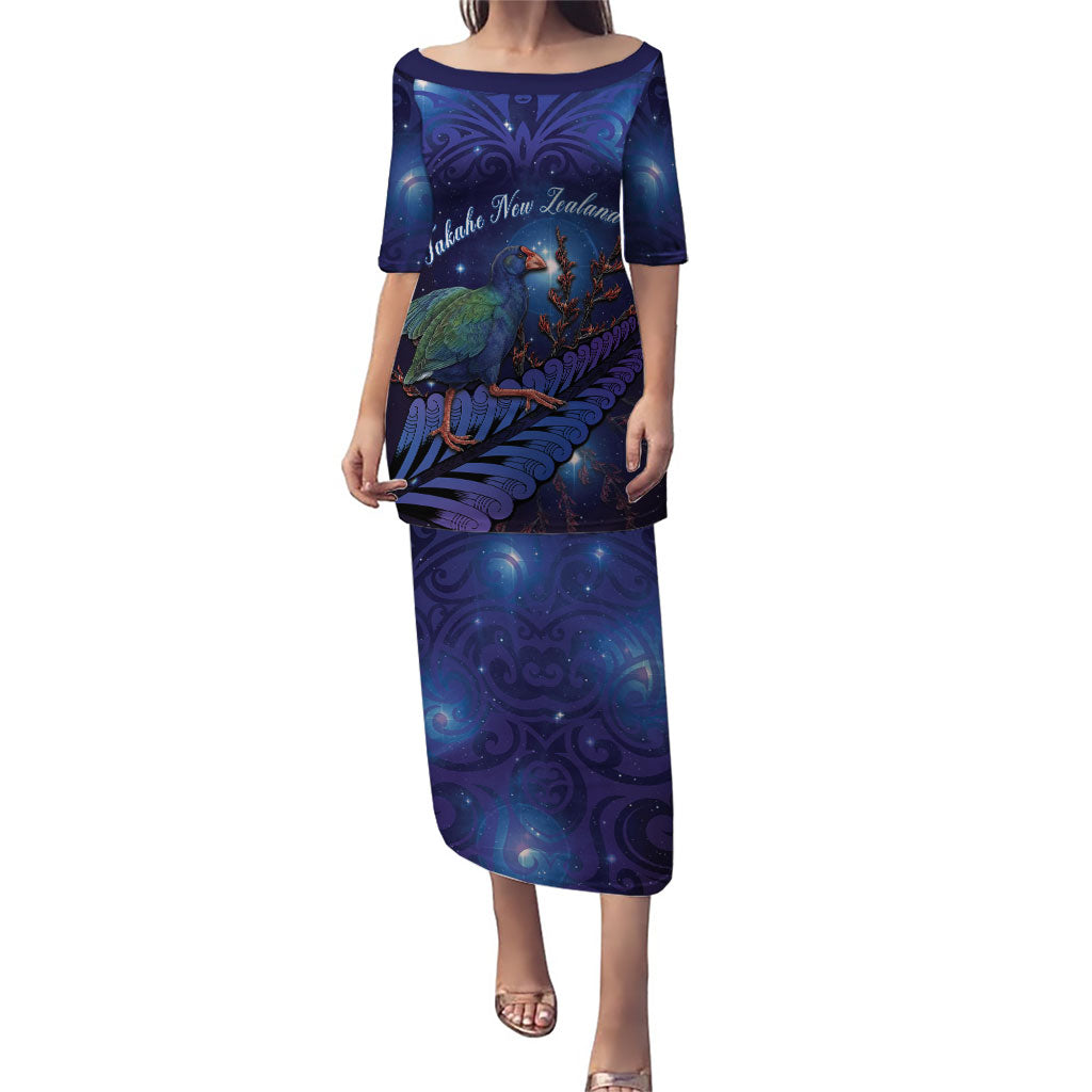 Takahe New Zealand Personalised Puletasi Harakeke Silver Fern Maori Pattern LT22 Long Dress Blue - Polynesian Pride