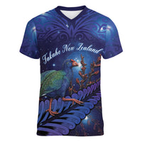 Takahe New Zealand Personalised Women V-Neck T-Shirt Harakeke Silver Fern Maori Pattern LT22 Female Blue - Polynesian Pride