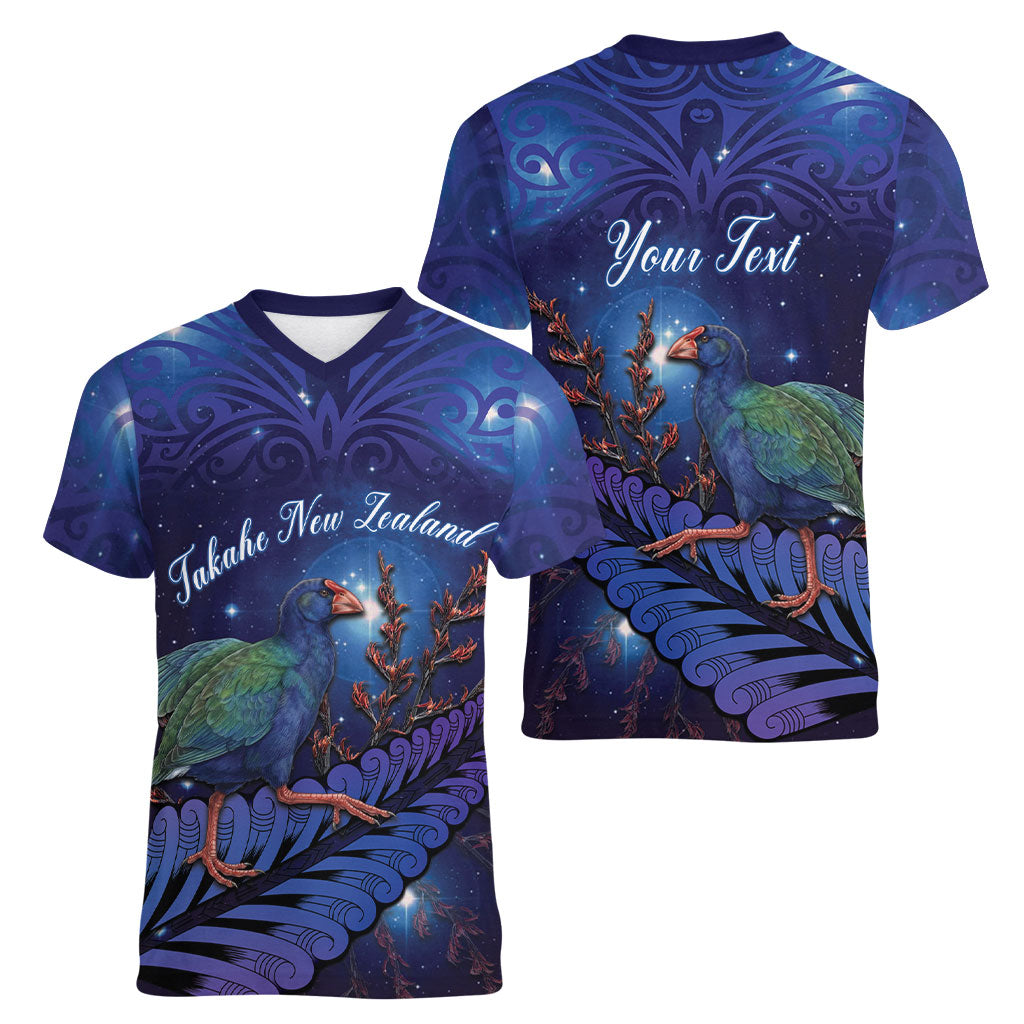 Takahe New Zealand Personalised Women V-Neck T-Shirt Harakeke Silver Fern Maori Pattern LT22 - Polynesian Pride