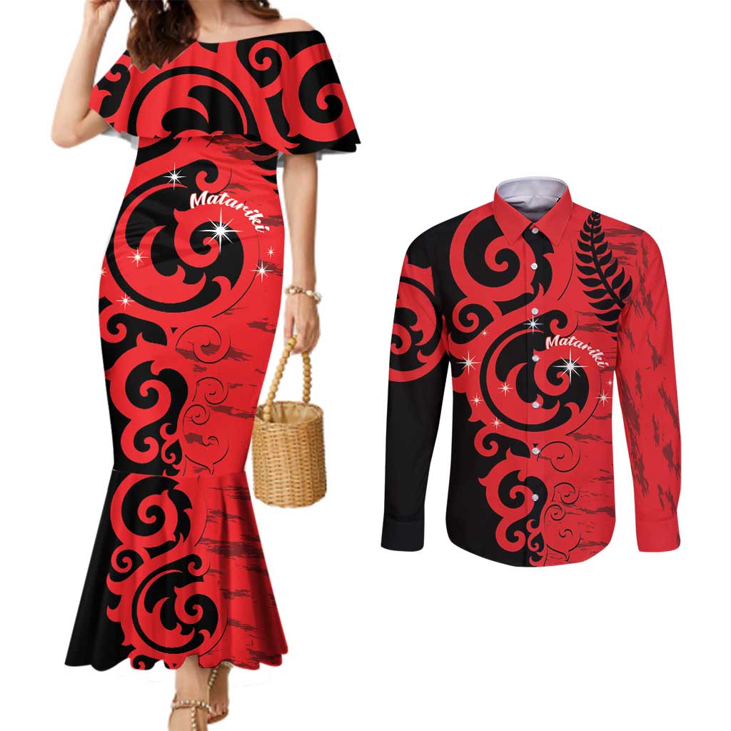 New Zealand Matariki Couples Matching Mermaid Dress and Long Sleeve Button Shirt Maori New Year Koru Pattern