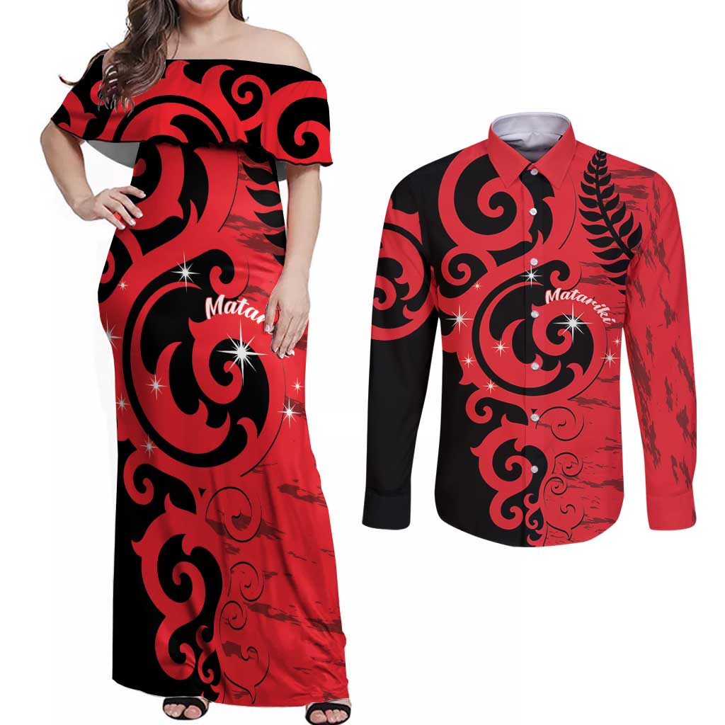New Zealand Matariki Couples Matching Off Shoulder Maxi Dress and Long Sleeve Button Shirt Maori New Year Koru Pattern