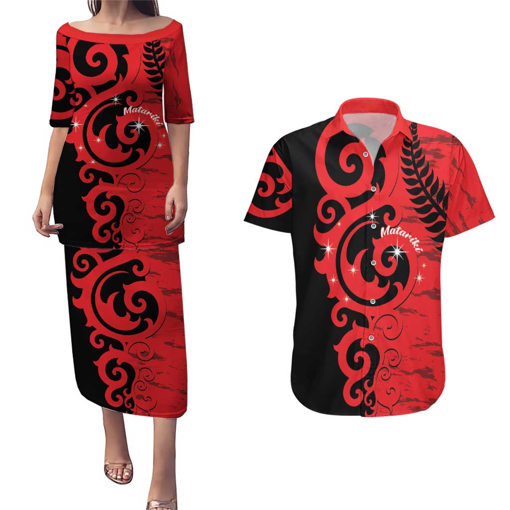 New Zealand Matariki Couples Matching Puletasi and Hawaiian Shirt Maori New Year Koru Pattern