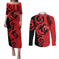 New Zealand Matariki Couples Matching Puletasi and Long Sleeve Button Shirt Maori New Year Koru Pattern LT22 Red - Polynesian Pride