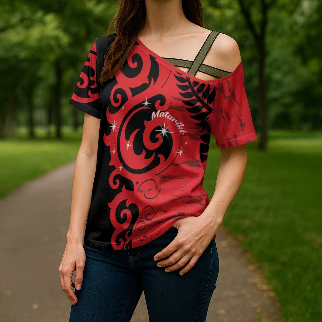 New Zealand Matariki Cross Shoulder Shirt Maori New Year Koru Pattern LT22 - Polynesian Pride