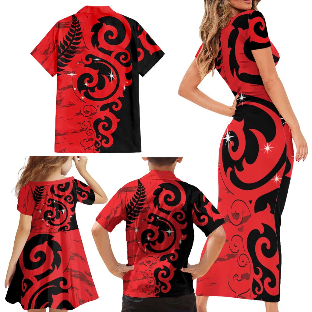 New Zealand Matariki Family Matching Short Sleeve Bodycon Dress and Hawaiian Shirt Maori New Year Koru Pattern
