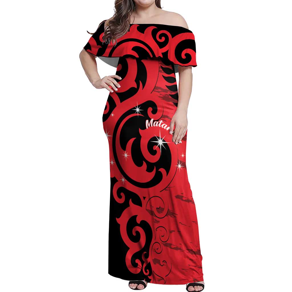 New Zealand Matariki Off Shoulder Maxi Dress Maori New Year Koru Pattern LT22 Women Red - Polynesian Pride