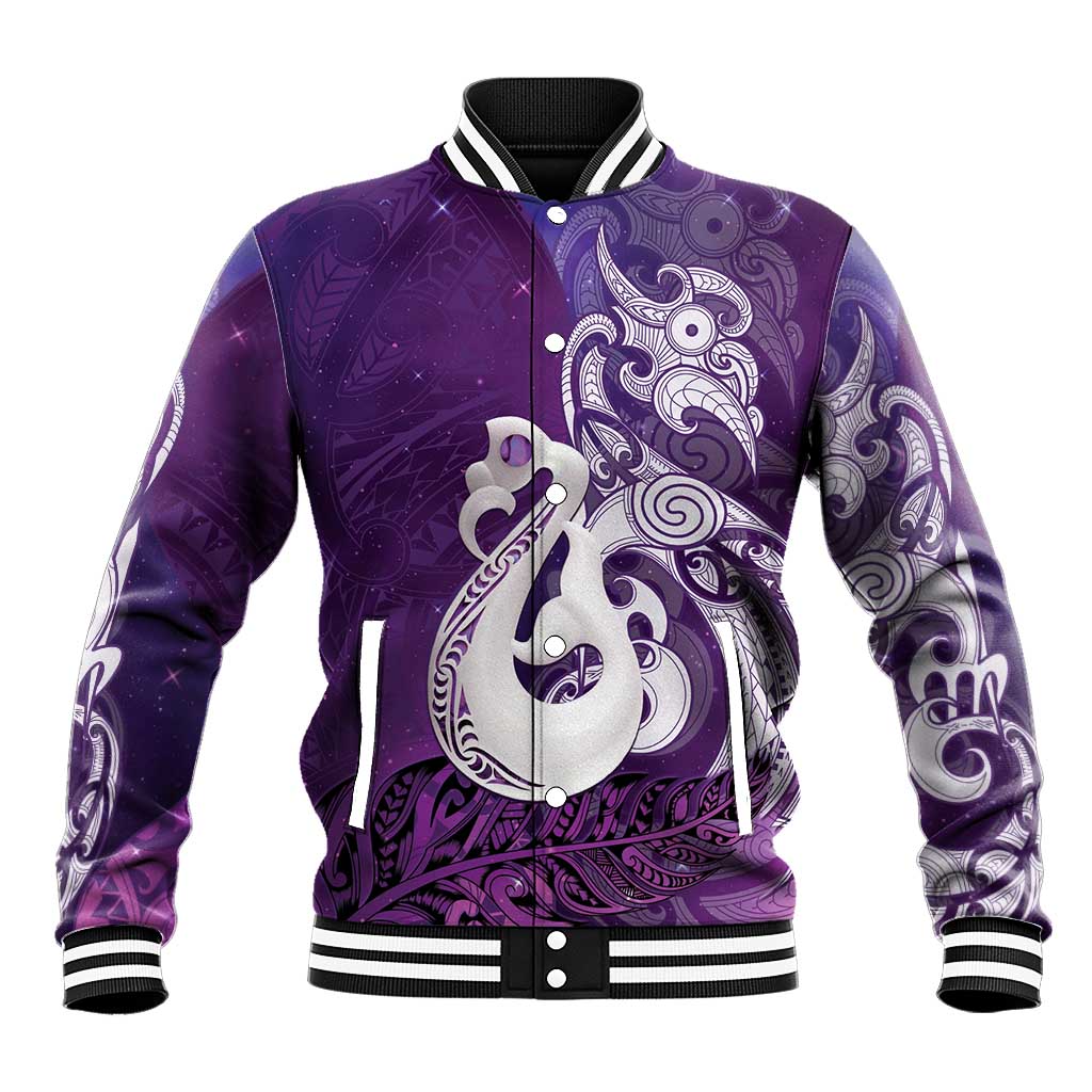 New Zealand Matariki Baseball Jacket Maori Manaia Galaxy Silver Fern Purple Color