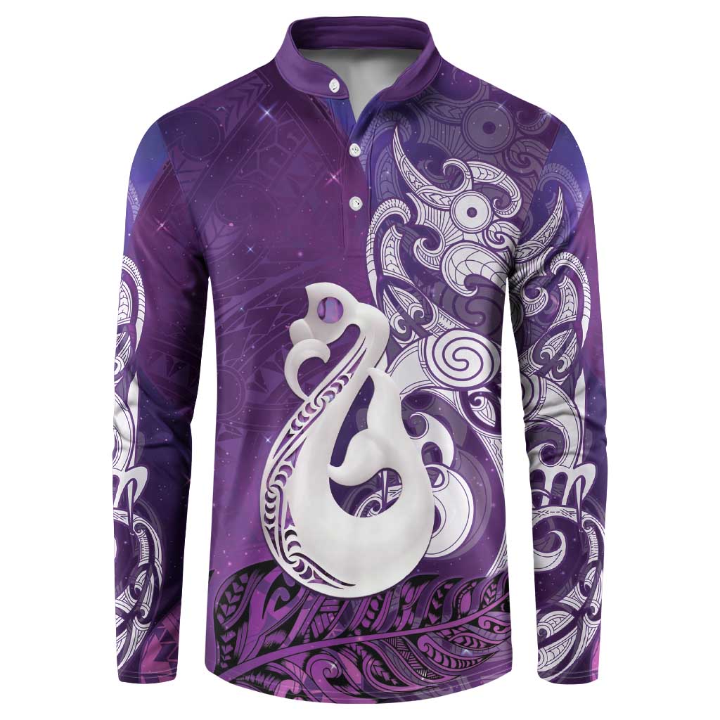 New Zealand Matariki Button Sweatshirt Maori Manaia Galaxy Silver Fern Purple Color